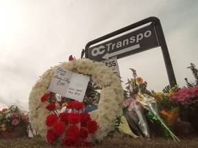 Wreaths and flowers were placed at OC Transpo headquarters at the intersection of St. Laurent Boulevard and Belfast Road after the mass shooting in the company's garage on April 6, 1999.  Former OC Transpo employee Pierre Lebrun shot and killed four workers before taking his own life.
