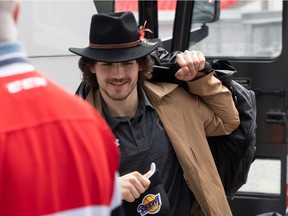 Ottawa 67's forward Kyle Maksimovich exits the bus as the team arrives home on Thursday, April 25, 2019, after sweeping the Oshawa Generals. Tyler Rabb, Ottawa 67's