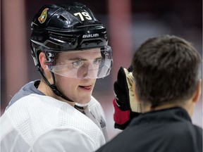 Drake Batherson, seen while with the Ottawa Senators earlier in the season, has seen his open ice in the AHL disappearing recently.