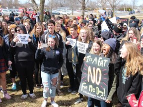 Students from St. Joseph's Catholic Secondary School chanted boisterously during a walkout   on Thursday April 4, 2019 in Cornwall, Ont. to protest education changes announced by the provincial government. Alan S. Hale/Cornwall Standard-Freeholder/Postmedia Network