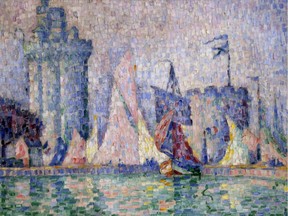 The 1915 painting "Port of La Rochelle" by Paul Signac, stolen from the Museum of Fine Arts in Nancy, France last year, is seen at a briefing in Ukraine's Interior Ministry in Kiev, Ukraine, Tuesday, April 23, 2019.