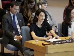 Amal Clooney participates in a Security Council meeting on sexual violence at United Nations headquarters, Tuesday, April 23, 2019.