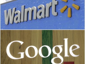 FILE- This combo of file photos shows, a Google  and a Walmart sign. Walmart will now allow its shoppers to order their groceries by voice through Google's smart home assistant, its latest attempt to challenge Amazon's growing dominance. Starting April 2019, shoppers can add items directly to their Walmart grocery cart, according to a company blog post on Tuesday, April 2, 2019.