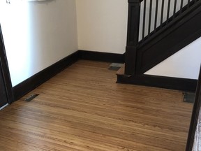 When floor finishes go bad, dirt gets ground into the wood, turning it grey. Sanding and sealing is the solution for floors this far gone.