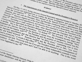 EDS NOTE: OBSCENITY - This portion of special counsel Robert Mueller's report on the investigation into Russian interference in the 2016 presidential election, released in Washington on Thursday, April 18, 2019, describes Mueller's appointment and President Donald Trump's reaction to it. Trump's legal team, through an unlikely combination of bluster, legal precedent and a decision to sharply shift tactics, protected their client from a perilous in-person interview and those lawyers took a victory lap this week when a redacted version of special counsel Robert Mueller findings was published,