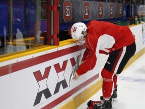 Ottawa 67's Mitchell Hoelscher pulling the X off the boards after practice, Tuesday, April 23, 2019.