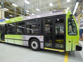 An electric bus is shown at the Nova Bus production plant in St. Eustache, Que., in this file photo.