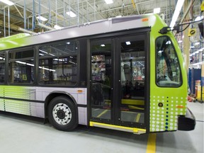 An electric bus is shown at the Nova Bus production plant in St. Eustache, Que.