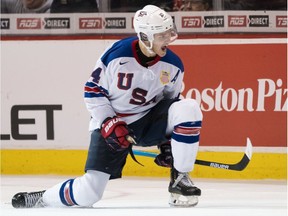 Josh Norris celebrates after scoring a goal for the U.S. team in a world junior hockey championship game against Finland in Vancouver on Jan. 5.