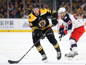 Charlie McAvoy of the Boston Bruins skates against Matt Duchene of the Columbus Blue Jackets during the first period of Game Five of the Eastern Conference Second Round during the 2019 NHL Stanley Cup Playoffs at TD Garden on Saturday in Boston, Massachusetts.