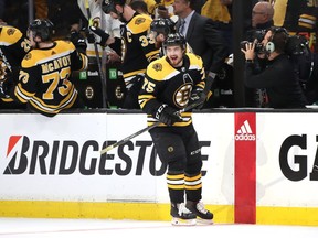 Connor Clifton of the Boston Bruins celebrates after scoring a second period goal against the Carolina Hurricanes in Game Two of the Eastern Conference Final during the 2019 NHL Stanley Cup Playoffs at TD Garden on Sunday in Boston, Massachusetts.