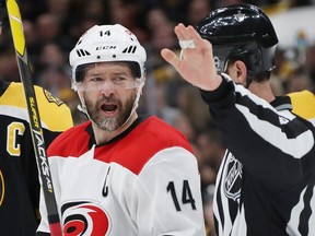 Justin Williams of the Carolina Hurricanes reacts during Game 2 of the Eastern Conference final. His team is down 3-0, but Williams has been in this situation before and had success.