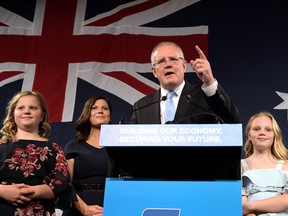 Prime Minister of Australia and leader of the Liberal Party Scott Morrison, flanked by his wife Jenny Morrison and daughters Lily Morrison and Abbey Morrison, delivers his victory speech in Sydney Wentworth.