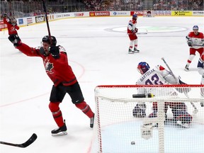 BRATISLAVA, SLOVAKIA - MAY 25: Mark Stone #61 of Canada celebrates after he scores the opening goal during the 2019 IIHF Ice Hockey World Championship Slovakia semi final game between Canada and Czech Republic at Ondrej Nepela Arena on May 25, 2019 in Bratislava, Slovakia.