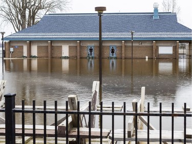 Buildings at the Ron Kolbus Lakeside Centre at Britannia Park in Ottawa are surrounded by flood waters on May 1, 2019.