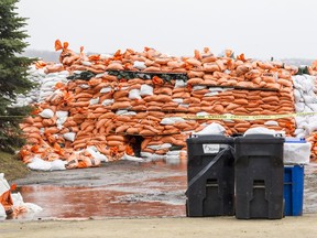A wall of sandbags reinforce the concrete wall of the Britannia berm against flood waters on Jamieson Street in Ottawa on May 1, 2019.