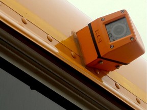 Close-up of rear-facing camera unit on the school bus, which acts with a trio of other cameras on the side of the bus, to catch unsafe vehicles.