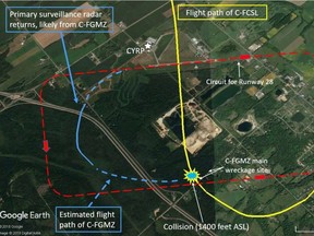 Figure 1. Flight paths of the Piper (C-FCSL) and the Cessna (C-FGMZ). The left-wing outboard section of C-FGMZ was found 635 feet southwest of the main wreckage site.