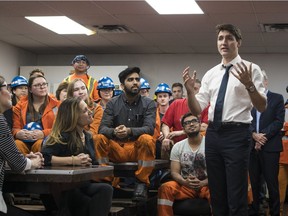 Prime Minister Justin Trudeau speaks with employees at Stelco in Hamilton on May 17: Finally, he had some good news to impart.