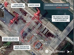 A satellite image shows what appears to be the construction of a third Chinese aircraft carrier at the Jiangnan Shipyard in Shanghai, China April 17, 2019.
