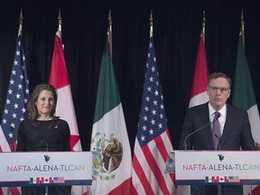 Foreign Affairs Minister Chrystia Freeland looks on as United States Trade Representative Robert Lighthizer delivers his statement to the media during the sixth round of negotiations for a new North American Free Trade Agreement in Montreal, Monday, January 29, 2018.