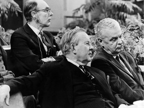 Former Prime Minister John Diefenbaker (right) sits with former Prime Minister Lester Pearson and former Progressive Conservative party leader Robert Stanfield in this file photo.