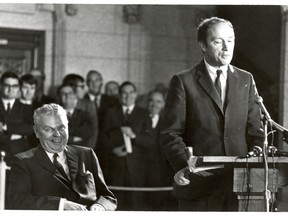 Ex-Canadian prime minister John Diefenbaker is shown in this archival photo with Pierre Trudeau.