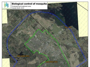 City of Ottawa map of Kanata North Nuisance Mosquito Control Program
Between April 11 and September 15, 2019, G.D.G. Environnement Ltée. will be applying a biological larvicide by air and ground to stagnant waterin order to control larval mosquitoes that impact the residents of Kanata North and the surrounding areas.