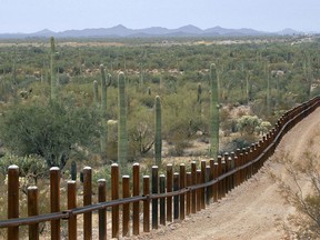 FILE - This Feb. 17, 2006 file photo shows the international border line made up of bollards: irregular, concrete-filled steel poles, seperating Mexico, left from the United States, in the Organ Pipe National Monument near Lukeville, Ariz. The federal government plans on replacing barriers through 100 miles of the southern border in California and Arizona, including through a this national monument and a wildlife refuge, according to government documents and environmental advocates. The Department of Homeland Security on Tuesday waived environmental and dozens of other laws to build more barriers along the southern border.