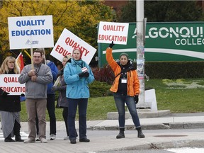 Picket lines are up at Algonquin College as faculty at Ontario's 24 colleges began a strike Monday morning. About 12,000 professors, instructors, counsellors and librarians, both full-time and "partial load" employees who work seven to 12 hours a week, walked off the job. Photo Tony Caldwell/ Postmedia