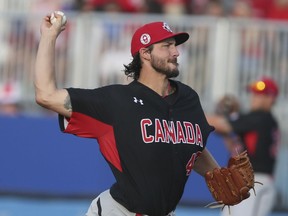 Canadian pitcher Phillippe Aumont at the Pan Am Games in Ajax Ont, on Monday July 13, 2015. Canada vs Nicaragua in the preliminary round.