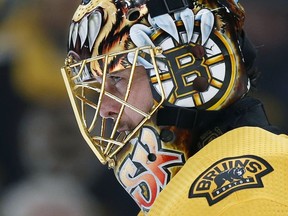 Bruins goaltender Tuukka Rask stands in net during the third period of Game 1 of the Stanley Cup final against the Blues on Monday night.