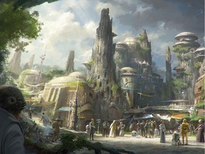 This rendering released by Disney and Lucasfilm shows the planned Black Spire Outpost, a village on the planet of Batuu that will be part of a 14-acre expansion project called Star Wars: Galaxy's Edge, set to open this summer at the Disneyland Resort in Anaheim, California, then in the fall at Disney's Hollywood Studios in Orlando, Florida. The lands will include two signature attractions: Millennium Falcon: Smugglers Run and Star Wars: Rise of the Resistance. (Disney Parks/Lucasfilm via AP) ORG XMIT: NYET353