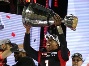 Henry Burris of the Ottawa Redblacks   with the 104th Grey Cup at BMO Field in Toronto, Ont. on Sunday November 27, 2016.