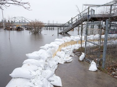 Sandbags stacked around the Nepean Sailing Club as the Ottawa River continues to rise with no let up for the next few days.