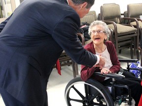 Nipissing-Timiskaming MP Anthony Rota met last year with Cassellholme resident  Ellen 'Dolly' Gibb, who, at the age of 113, was Canada's oldest living person. Gibb turned 114 this year. She died Wednesday.