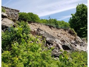 This photo, tweeted Wednesday by the NCC, shows about 20 metres of wall at the Champlain Lookout has collapsed.