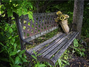 A bench erected at Brantwood Park in memory of Nadia Kajouji, a first-year Carleton University student who took her life in 2008, sits derelict.