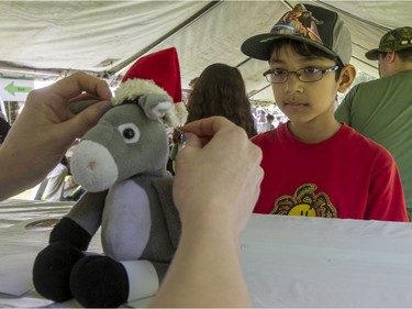 Eight-year-old Dhiren Mani watches intently as his 10-year-old donkey, Donkey, gets its hat reaffixed at the annual CHEO Teddy Bear picnic.
