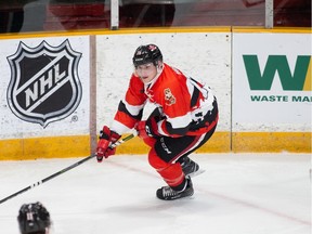 Ottawa 67's rookie Matt Maggio with the puck against the Owen Sound Attack on Dec. 15, 2018 at TD Place arena.