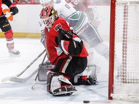 Marcus Hogberg is seen in action with the Ottawa Senators in January 2019.