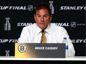 Bruins coach Bruce Cassidy speaks to the media during the Stanley Cup final.