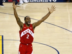 Kawhi Leonard of the Toronto Raptors celebrates his teams win over the Golden State Warriors in Game Six to win the 2019 NBA Finals at ORACLE Arena on June 13, 2019 in Oakland, California.