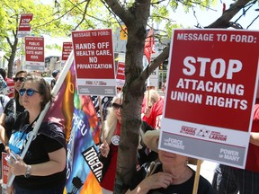 Province-wide Day of Action demands an end to cuts after one year of Conservative rule, says Ontario Federation of Labour. Demonstrators showed up at 333 Preston St in Ottawa, June 07, 2019.