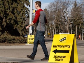 A man heads to an advance polling location at the former Royal Alberta Museum in Edmonton, on Tuesday, April 9, 2019.