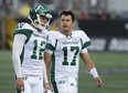 Saskatchewan Roughriders quarterback Zach Collaros (17) left Thursday's game against the Hamilton Tiger-Cats early in the first quarter.