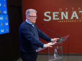 Marc Crawford talks to the media as the Ottawa Senators wrap up their season by clearing out their lockers and head home.  Photo by Wayne Cuddington/ Postmedia