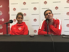 Christine Sinclair, right, and Desiree Scott of the Canadian women's soccer team answer questions following a training session in Toronto in May. Sinclair is closing in on the international record for goals.