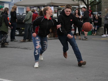 Nova Holt and Riley Burgess of Almonte play a game of King's Court by Almonte Old Town Hall ahead of a community screening of the Warriors-Raptors game. More than two hundred Ottawa Valley residents turned out for the viewing in basketball inventor James Naismith's hometown.