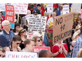 Teachers, along with other union groups including the Ontario Federation of Labour (OFL), rally outside the Ottawa court house on Elgin St as part of a province wide Day of Action.